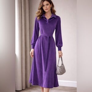 Vtg 70s Lilac Purple Velour Velvet Dress Long Sleeve Size M Midi